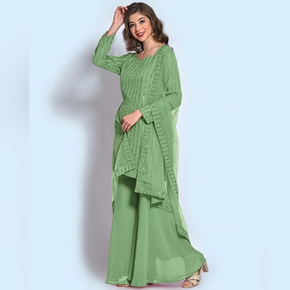 Faux Georgette Sequence Embroidered Semi Stitched Kurta, Sharara and Dupatta Set - Picture 4 of 12